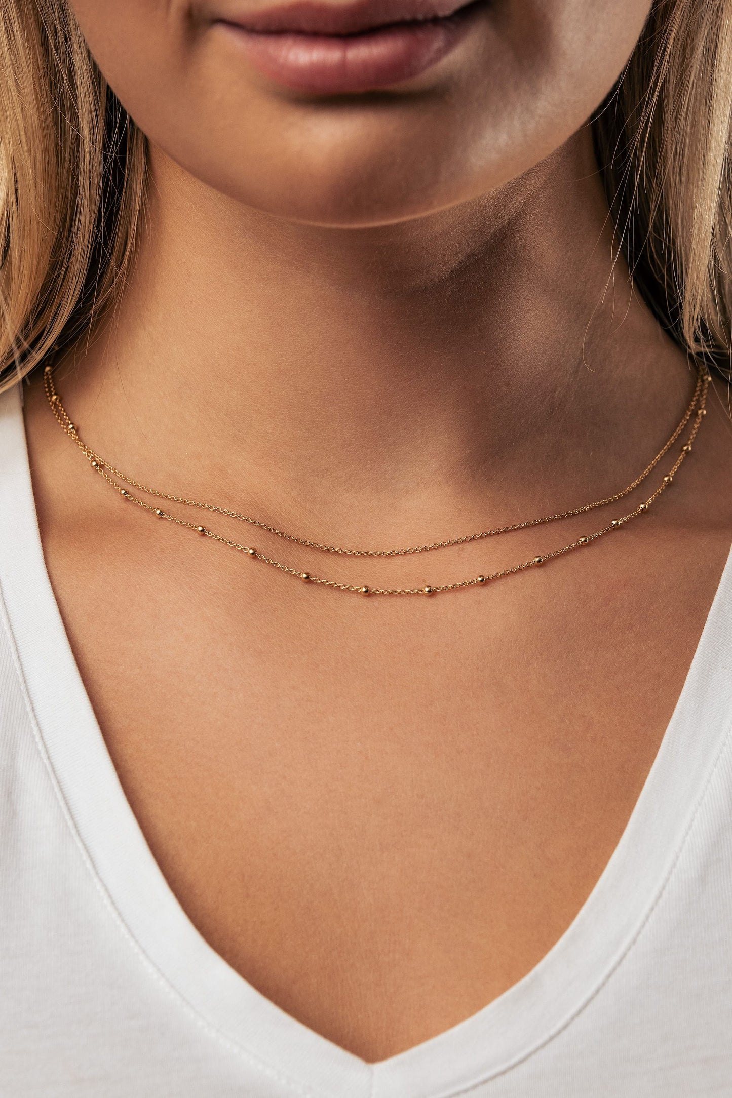 LUNA Halskette doppelte Kette mit kleinen Perlen 925 Silber 18k vergoldet