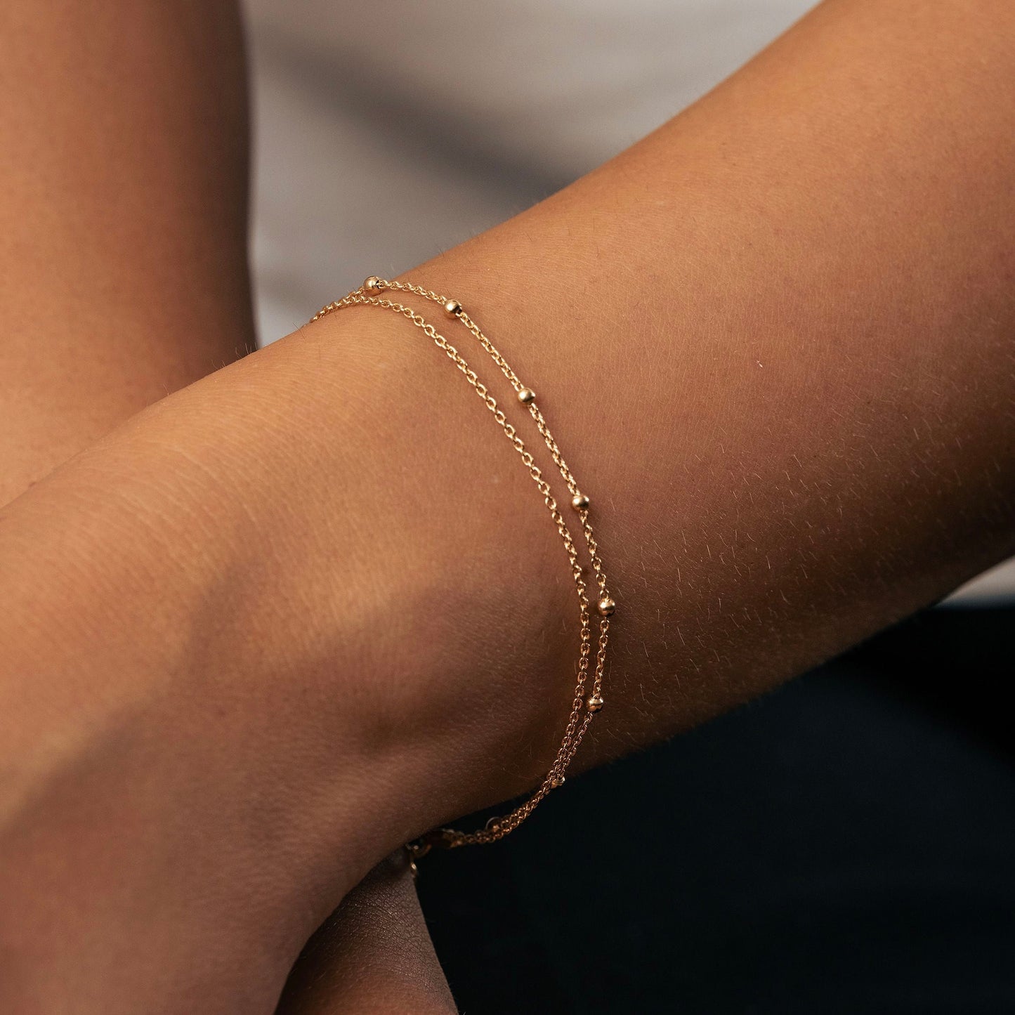 LUNA Armband doppelte Kette mit kleinen Perlen 925 Silber 18k vergoldet